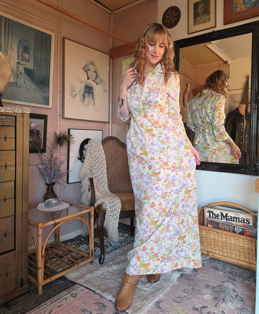 Vintage circa 1970s Springtime Floral Maxi Dress with Panel Inserts - size 8-10
