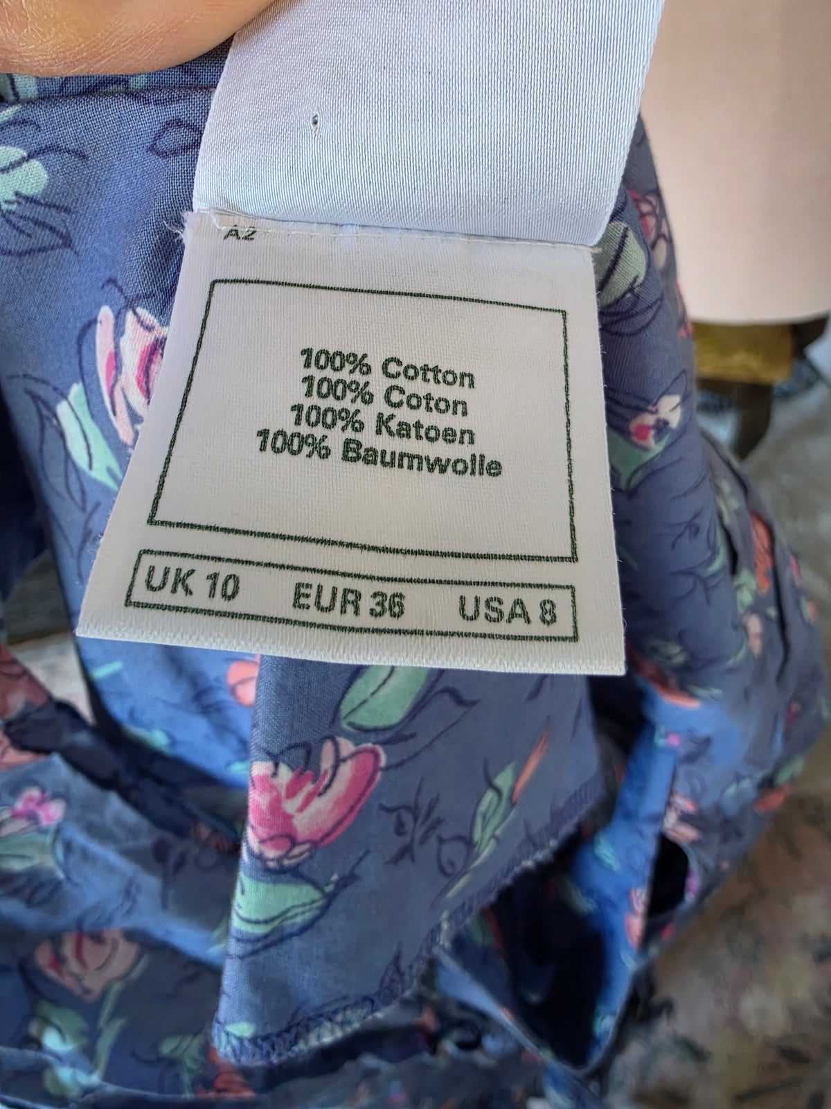 Vintage circa 1980s Laura Ashley Dusky Blue and Blush Pink Rose Sleeveless Midi Dress - size 6-8
