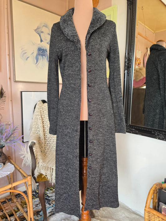 Vintage circa Y2K VG Jeans Shimmery Longline Knit Cardigan with Faux Fur collar - size 8