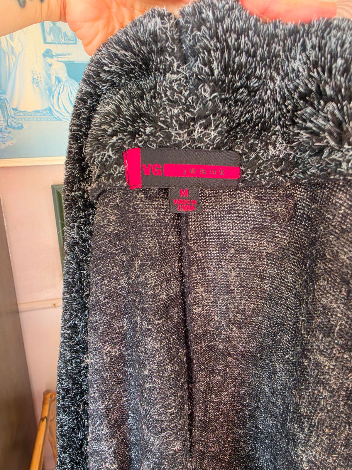 Vintage circa Y2K VG Jeans Shimmery Longline Knit Cardigan with Faux Fur collar - size 8