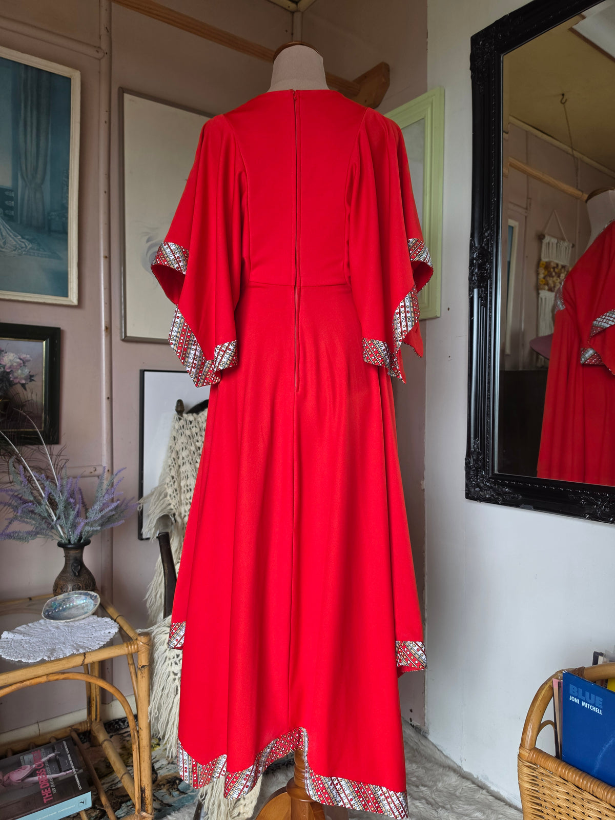 Vintage 1970s Cherry Red Gown with Flutter Sleeves & Hanky Hem - size 8-10