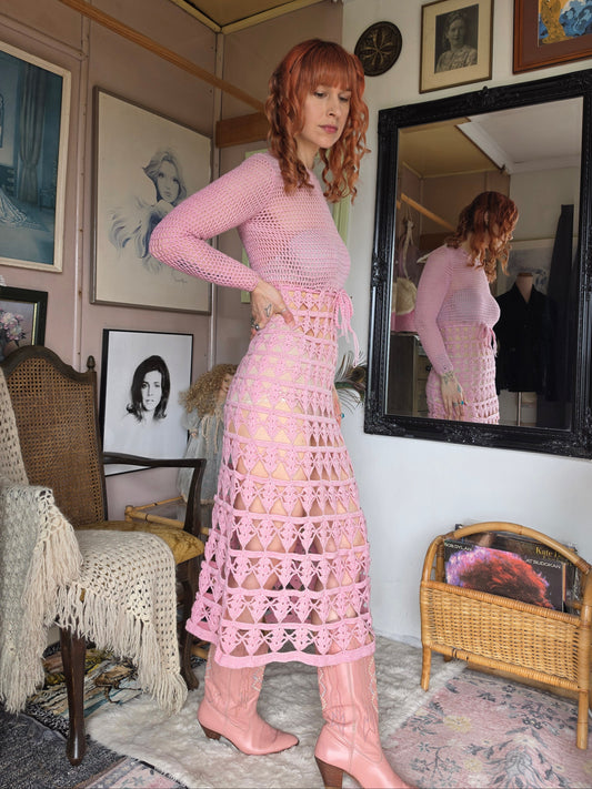 Vintage 1970s Pastel Pink Crochet Knit Festival Dress - size 6-8