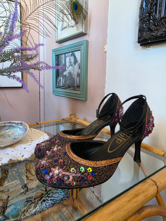 Vintage circa Y2K Pulp Floral Multicolour Beaded Pump Kitten Heels - Size 6