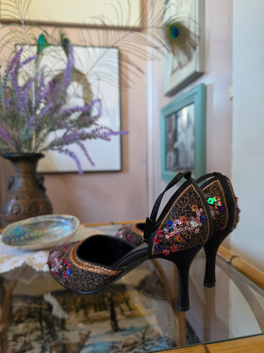 Vintage circa Y2K Pulp Floral Multicolour Beaded Pump Kitten Heels - Size 6