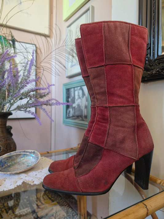 Vintage circa 1990s Me Too Patchwork Suede High Boots - Size 8.5 - 9