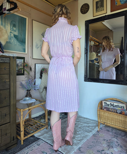 Vintage 1970s Doo-Dads Powder Pink Candy Stripe Dress - size 6-8