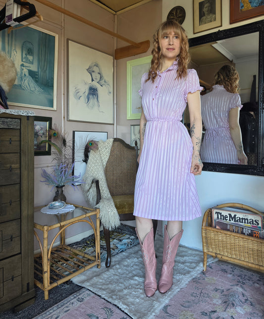 Vintage 1970s Doo-Dads Powder Pink Candy Stripe Dress - size 6-8