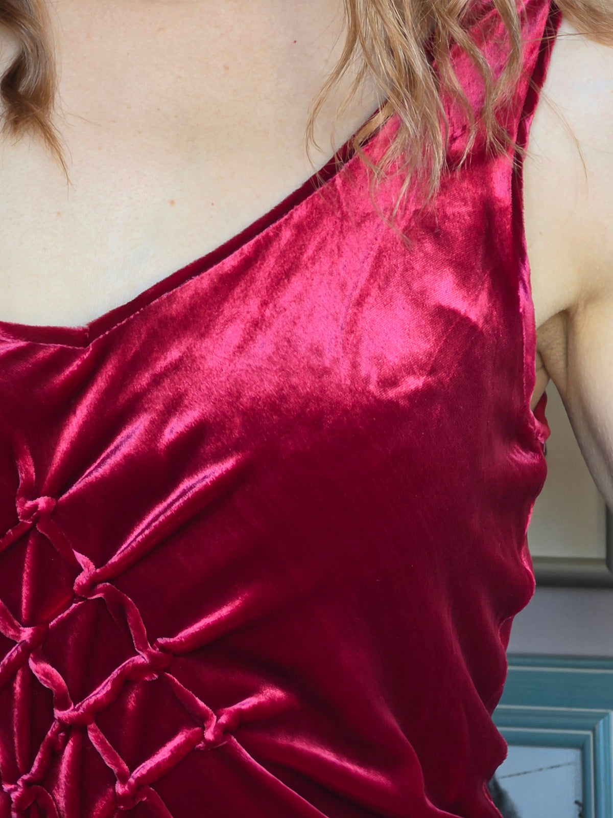 Vintage 1990s Holic Sleeveless Ruby Red Silk Velvet Grunge Midi Dress - size 8-10