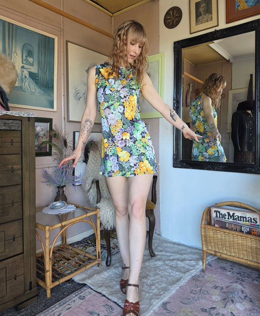 Vintage 1980s meets 70s Handmade Groovy Floral Cowl Neck Mini Dress - size 8