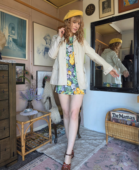 Vintage circa 1960s Stanley's Creation Cream PVC Jacket with Floral Embroidery - size 8-10