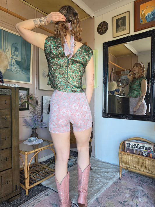 Vintage 1960s Sylvias Knitwear Peach and Silver Floral Hot Pants & Headband - size 4-6
