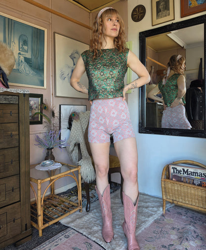 Vintage 1970s Metallic Brocade Emerald and Bronze Disco Vest - size 8