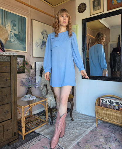 Vintage 1970s Enid H Baby Blue Mini Dress - size 10-12