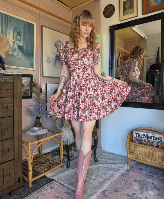 Vintage 1990s Laura Ashley Red Wine Floral Mini Dress - size 8-10