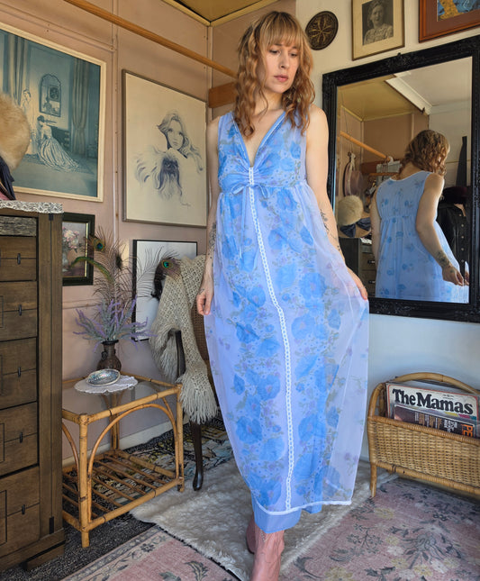 Vintage circa 1960s Canterbury Nylon Sky Blue Floral Nightie with Lace and Bows - size 8-10
