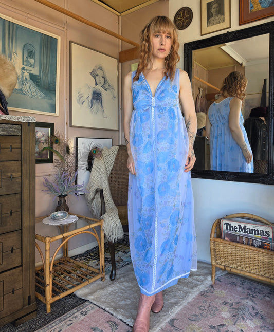 Vintage circa 1960s Canterbury Nylon Sky Blue Floral Nightie with Lace and Bows - size 8-10