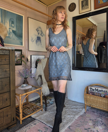 Vintage 1990s Go Shimmer and Pastel Blue Mesh Overlay Grunge Dress - size 8-12