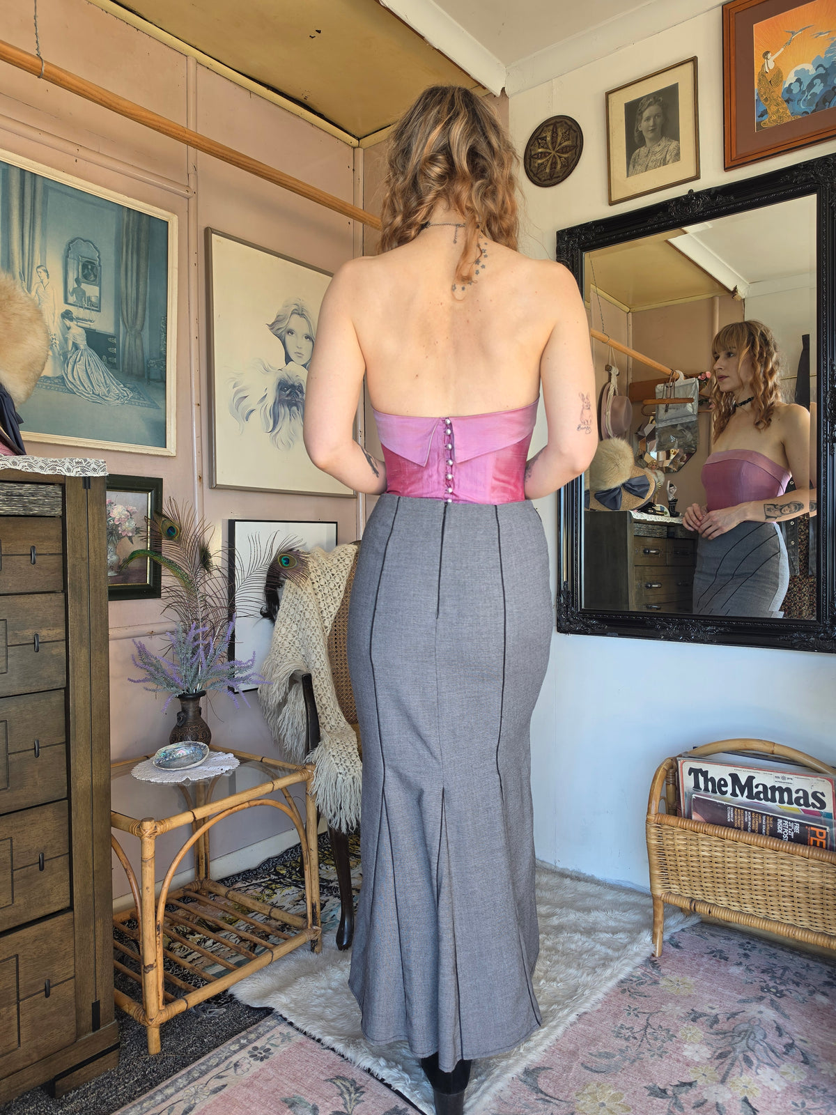 Vintage Y2K Staxs Drop Waist Pleated Midi Skirt with Asymmetrical Piping - size 8