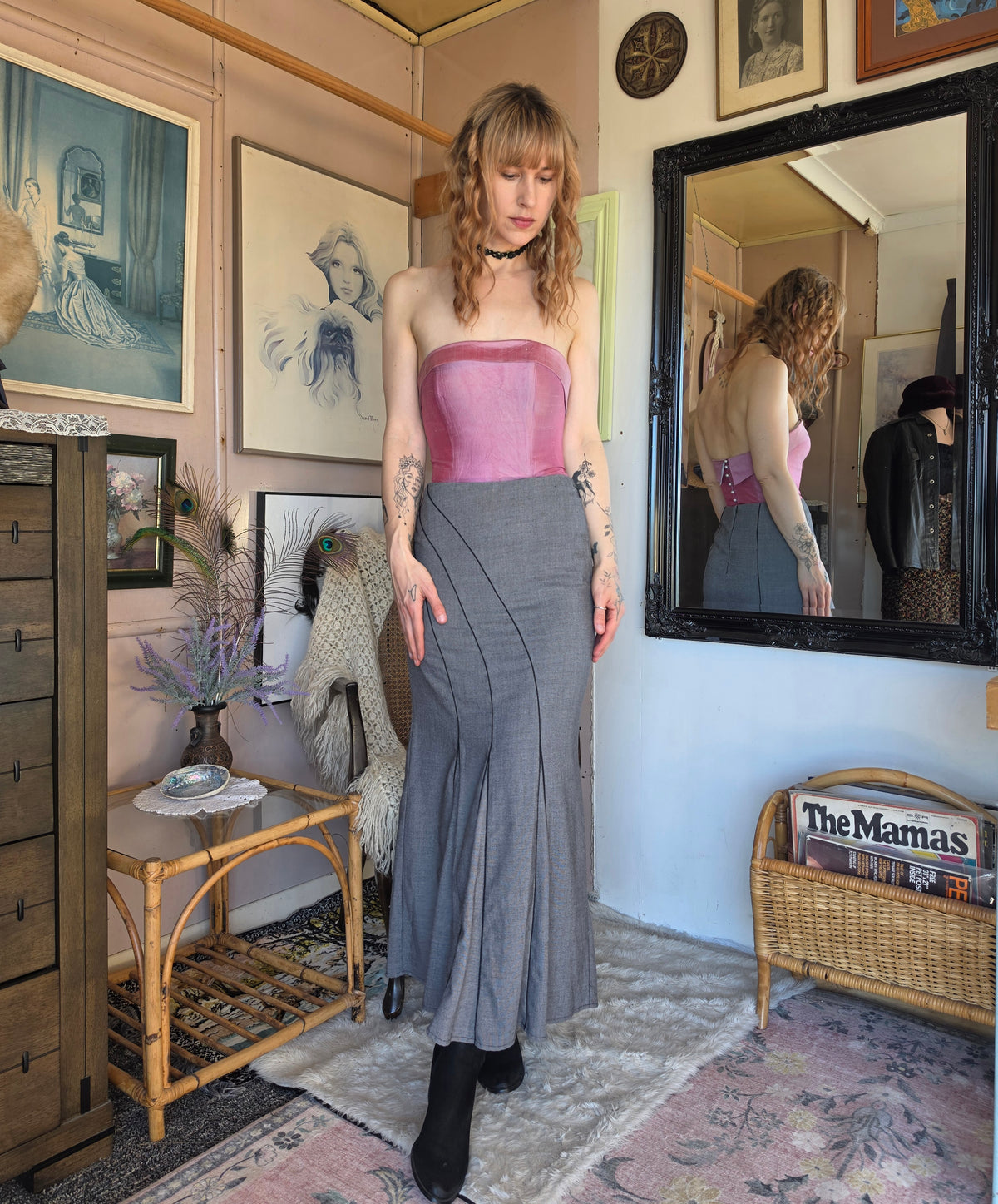 Vintage Y2K Staxs Drop Waist Pleated Midi Skirt with Asymmetrical Piping - size 8