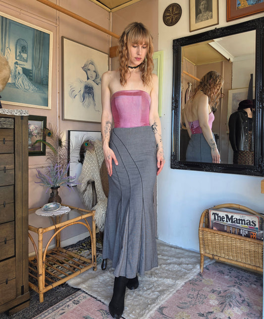 Vintage Y2K Staxs Drop Waist Pleated Midi Skirt with Asymmetrical Piping - size 8