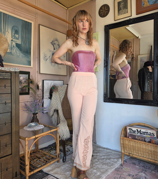 Vintage circa 1960s Peach and Floral Embroidered High-Waisted Pants - size 6-8