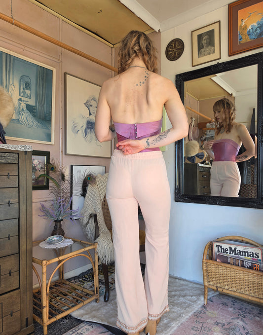 Vintage circa 1960s Peach and Floral Embroidered High-Waisted Pants - size 6-8