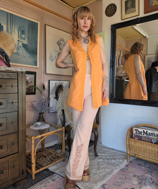 Vintage 1960s Buttercup Long Duster Vest with Floral Embroidery - size 10-12