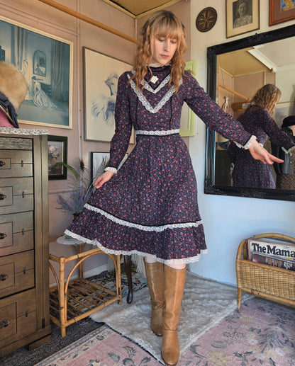 Vintage 1970s Candi Jones California Western Floral Prairie Midi Dress - 6-8