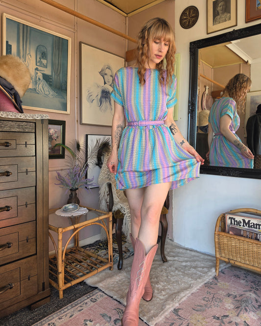 Vintage 1970s Lichfield Copperfield Collection Rainbow Brite Mini Dress - size 8-12