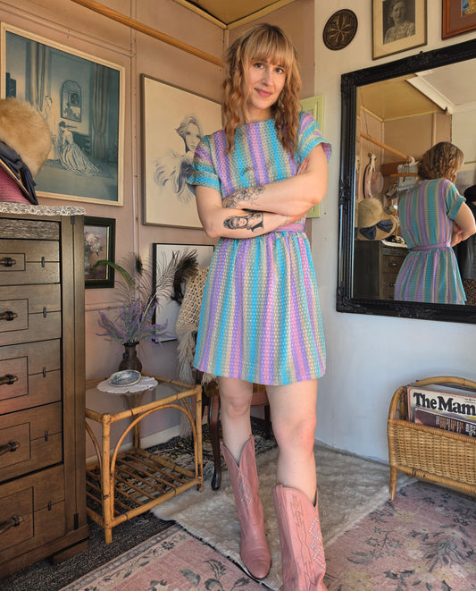 Vintage 1970s Lichfield Copperfield Collection Rainbow Brite Mini Dress - size 8-12