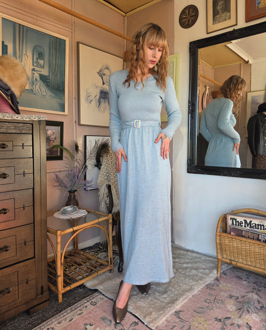 Vintage 1970s Sonny Pastel Blue and Silver Sparkle Knit Maxi Dress - size 6-8