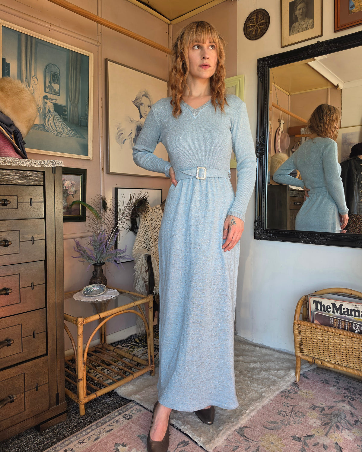 Vintage 1970s Sonny Pastel Blue and Silver Sparkle Knit Maxi Dress - size 6-8