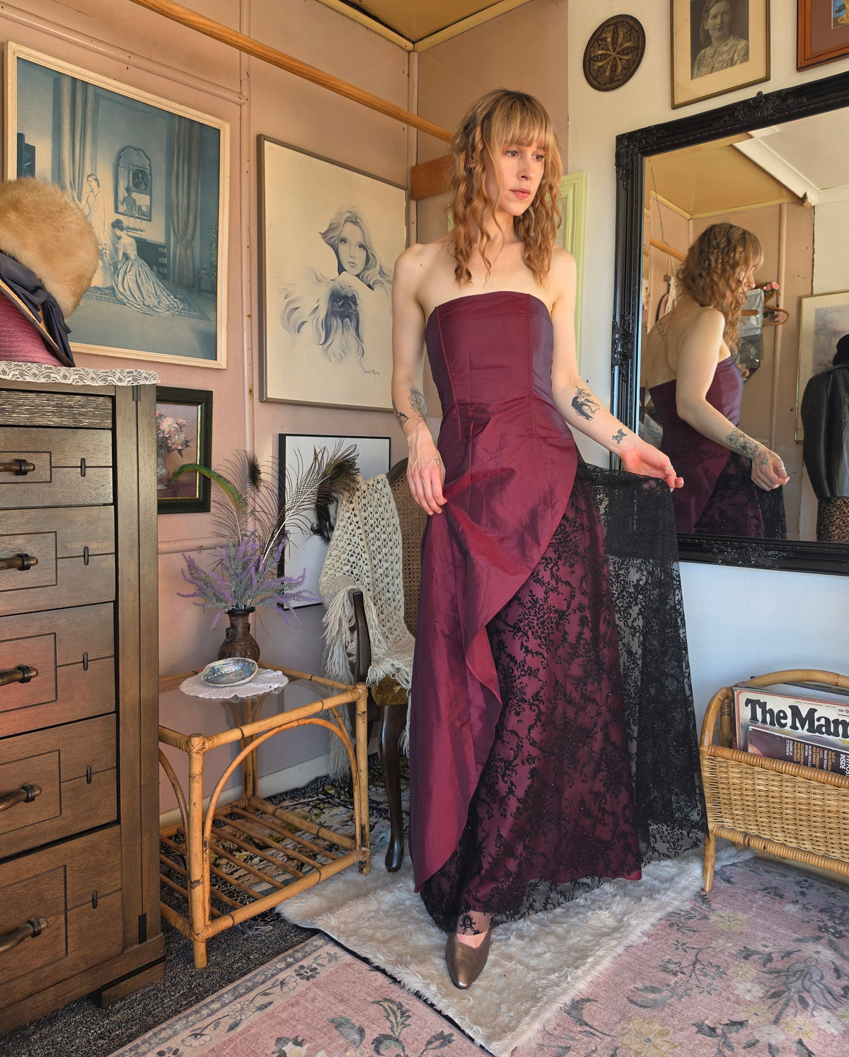 Vintage Y2K Staxs Dark Romantic Merlot Lace Ball Gown - 10-12