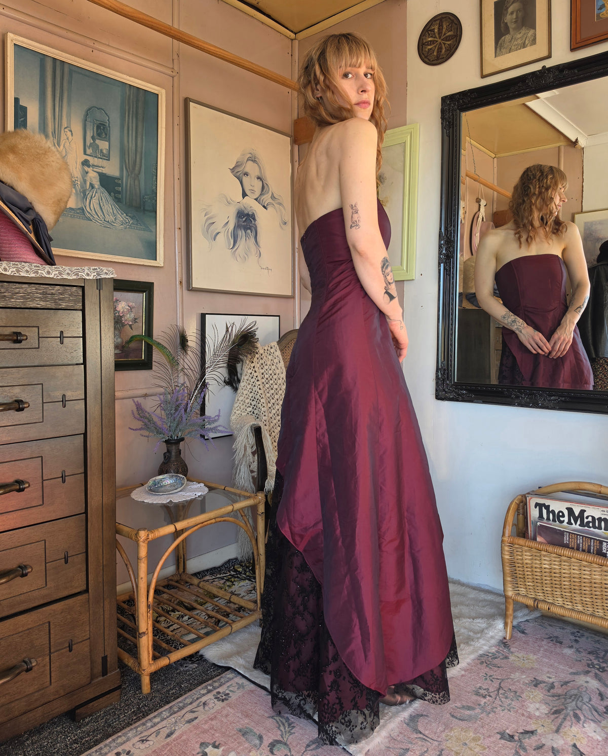 Vintage Y2K Staxs Dark Romantic Merlot Lace Ball Gown - 10-12