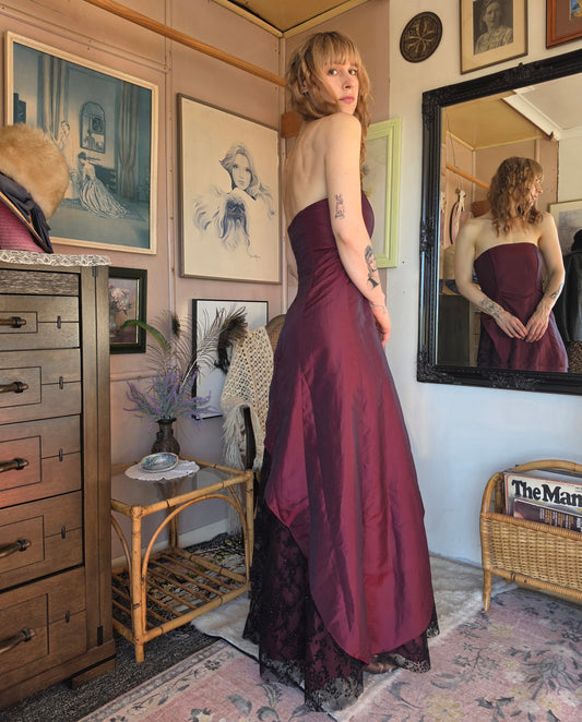 Vintage Y2K Staxs Dark Romantic Merlot Lace Ball Gown - 10-12