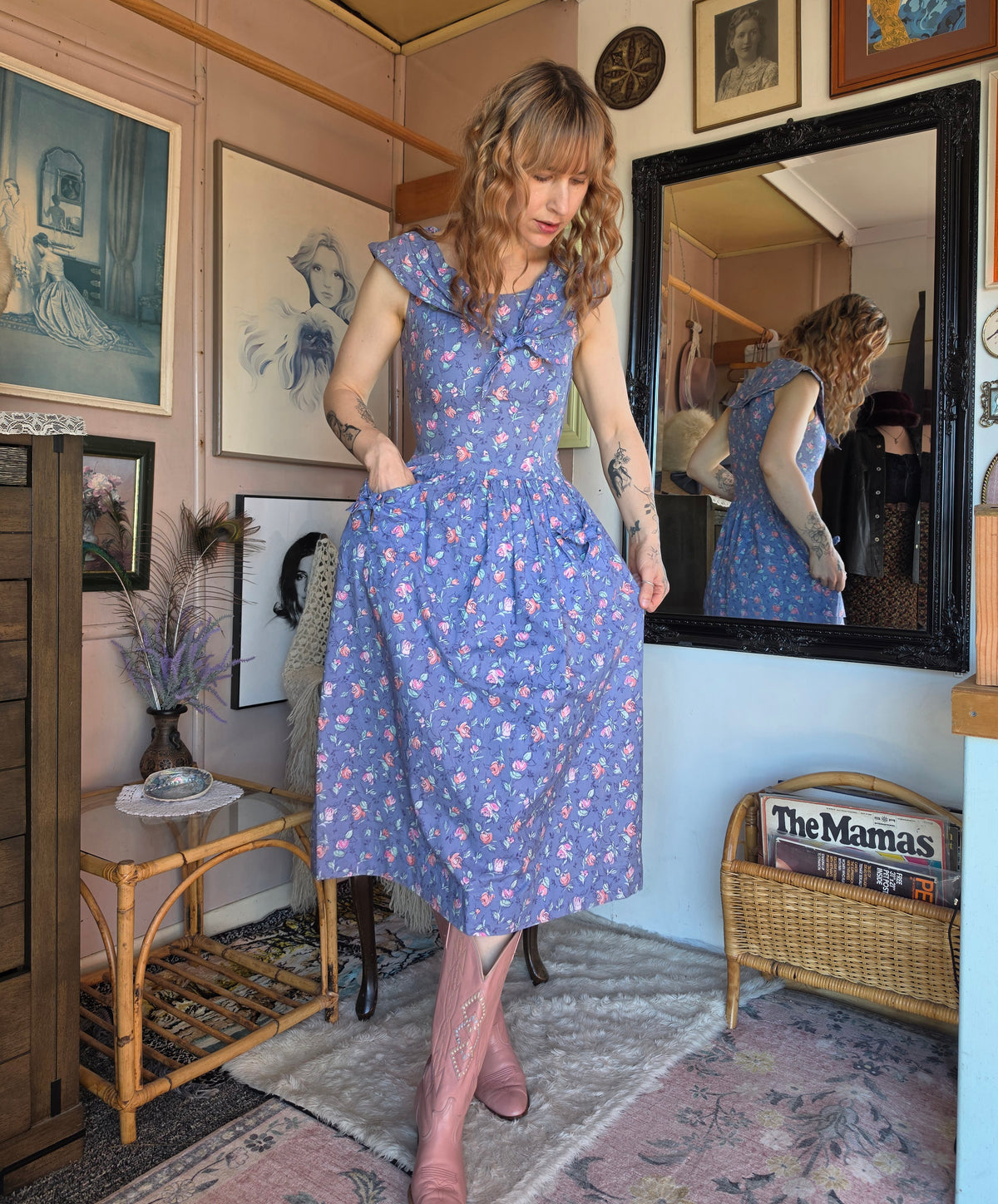 Vintage circa 1980s Laura Ashley Dusky Blue and Blush Pink Rose Sleeveless Midi Dress - size 6-8