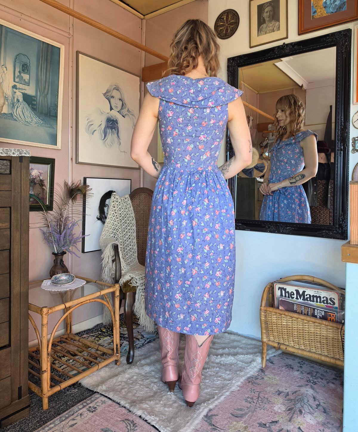 Vintage circa 1980s Laura Ashley Dusky Blue and Blush Pink Rose Sleeveless Midi Dress - size 6-8