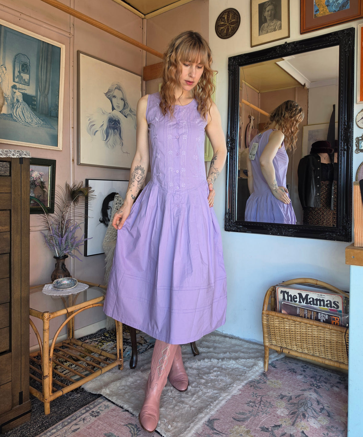 Vintage 1980s Deadstock Blossoms Lavender Drop Waist Midi Dress - size 8