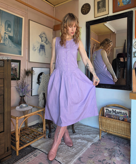 Vintage 1980s Deadstock Blossoms Lavender Drop Waist Midi Dress - size 8