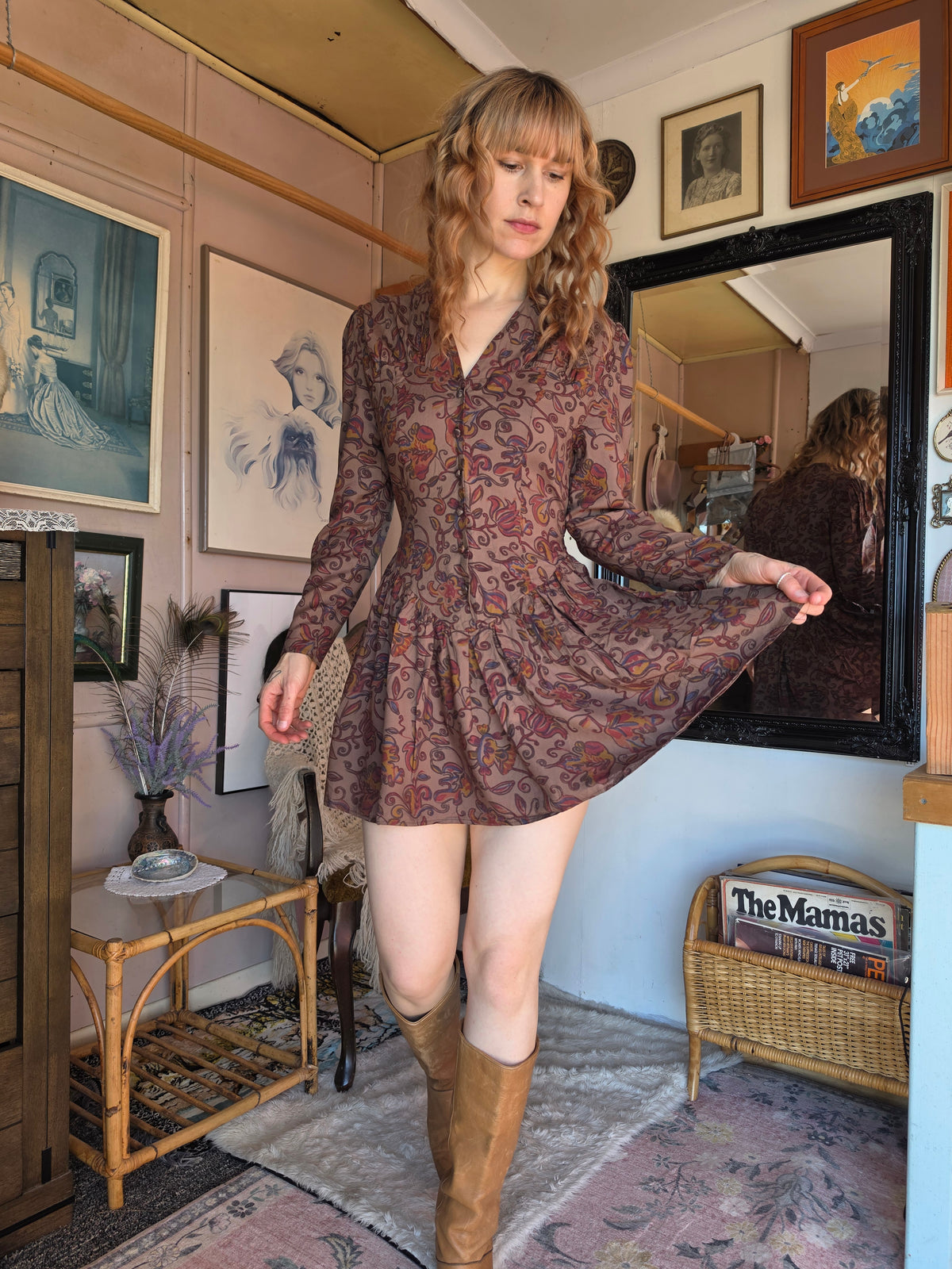 Vintage 1980s Kim London Paisley Drop-Waist Mini Dress - size 6-8