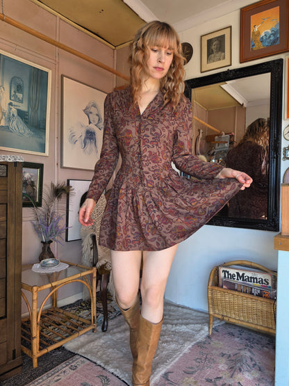 Vintage 1980s Kim London Paisley Drop-Waist Mini Dress - size 6-8