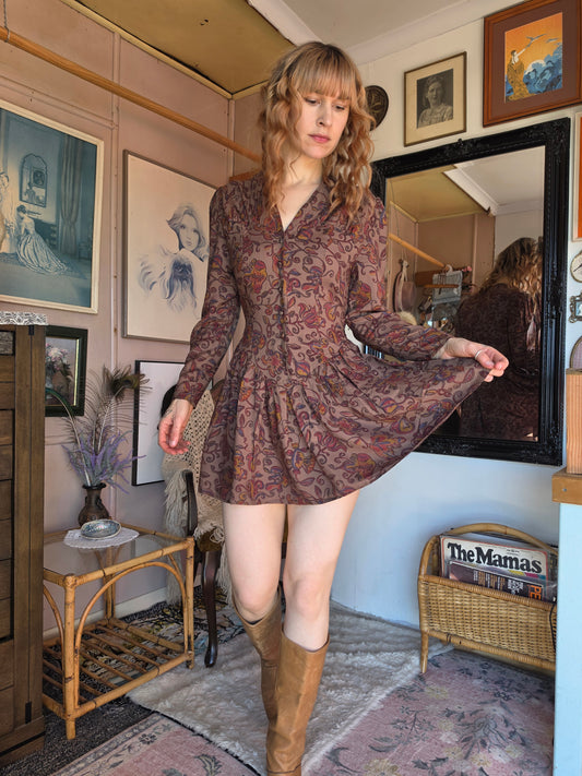 Vintage 1980s Kim London Paisley Drop-Waist Mini Dress - size 6-8