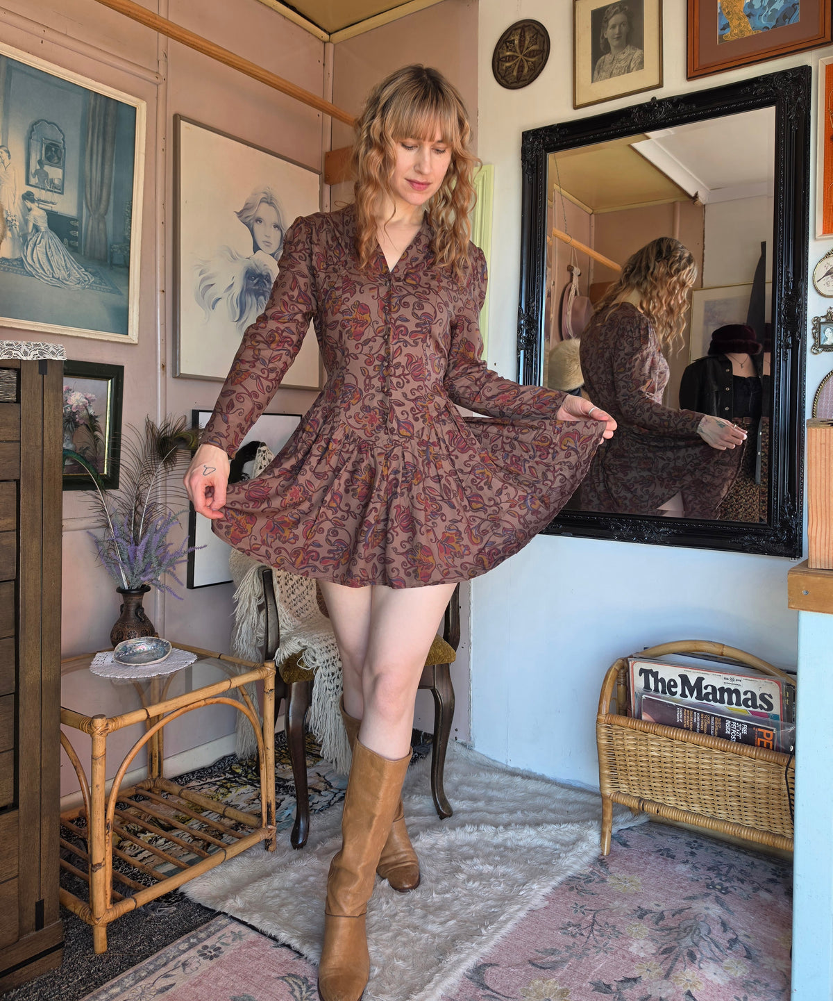 Vintage 1980s Kim London Paisley Drop-Waist Mini Dress - size 6-8