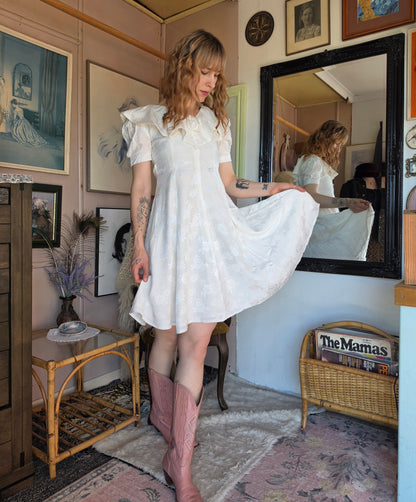 Vintage circa 1980s Silky Cream Rose Statement Collar Dress - size 4-6