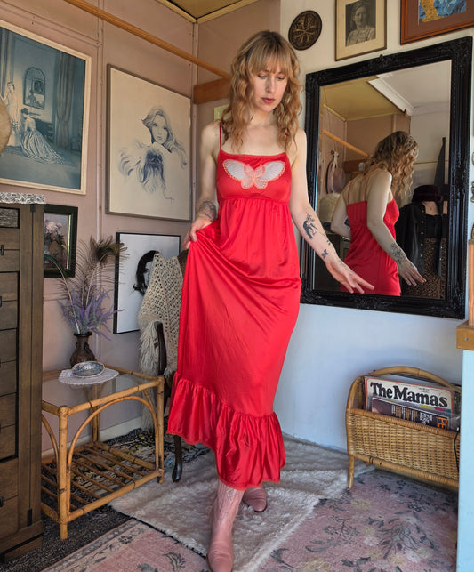 Vintage circa 1980s Cherry Red Midi Slip with Butterfly Applique and Ruffle Hem - size 6-8