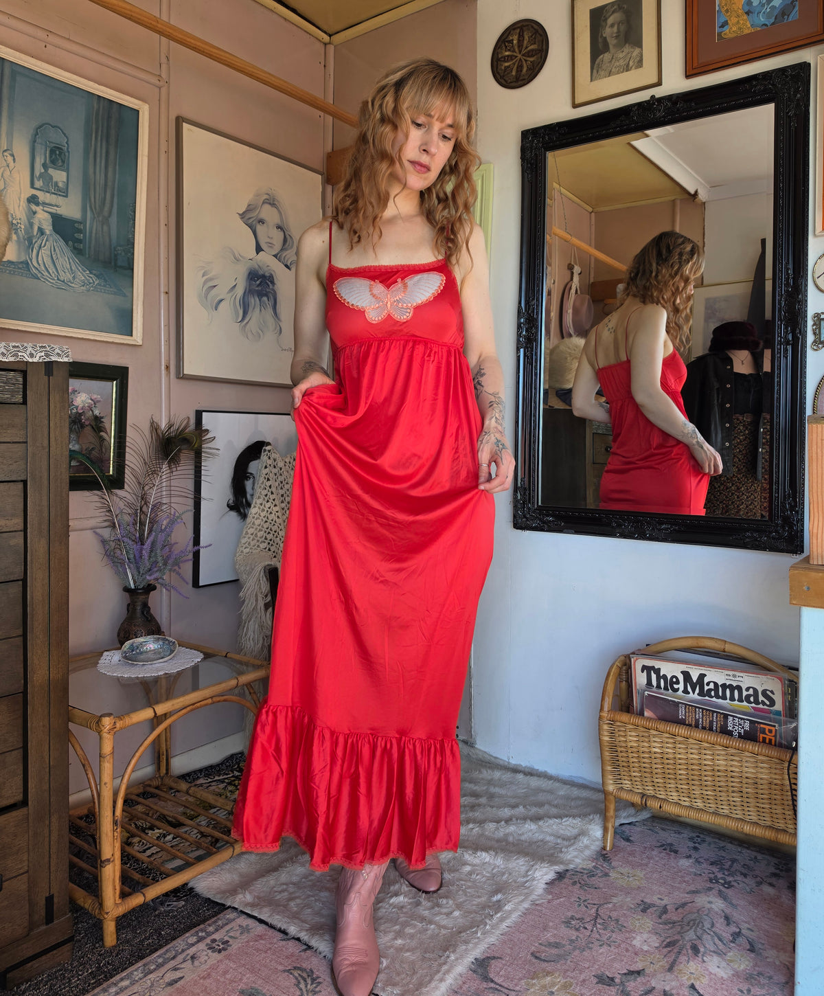 Vintage circa 1980s Cherry Red Midi Slip with Butterfly Applique and Ruffle Hem - size 6-8