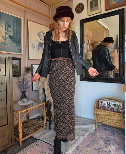 Vintage 1990s Zardi Boho Embroidered Floral Mesh Midi Skirt - 8-10