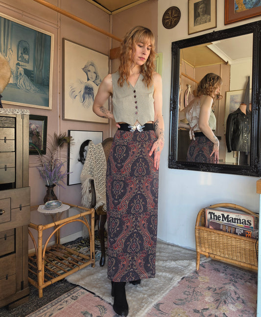 Vintage 1990s Direct 2 U Fashions Ornamental Print Maxi Skirt - size 8-10
