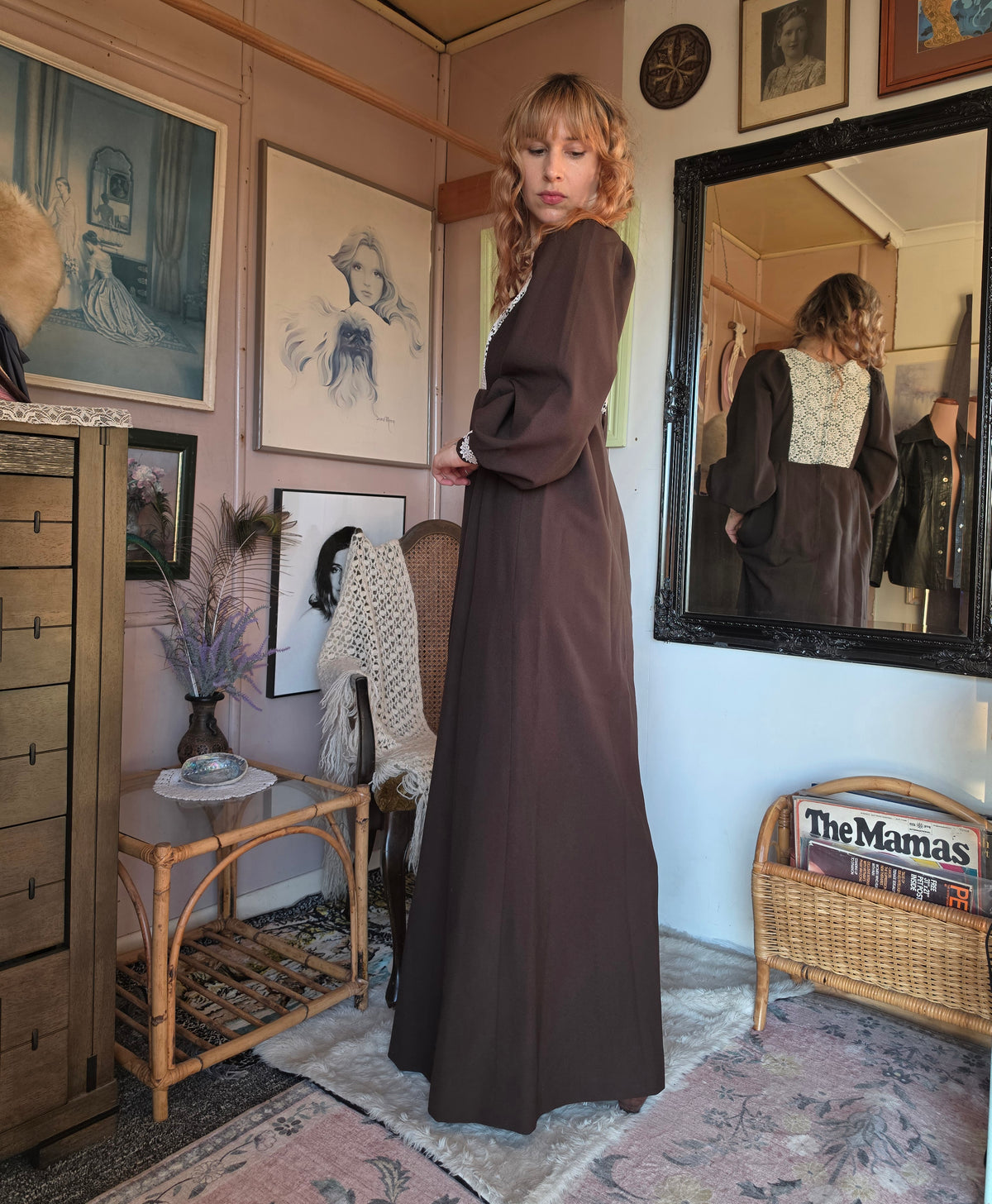 Vintage 1970s Chocolate Prairie Maxi Dress with Crochet Lace Applique - size 8-10