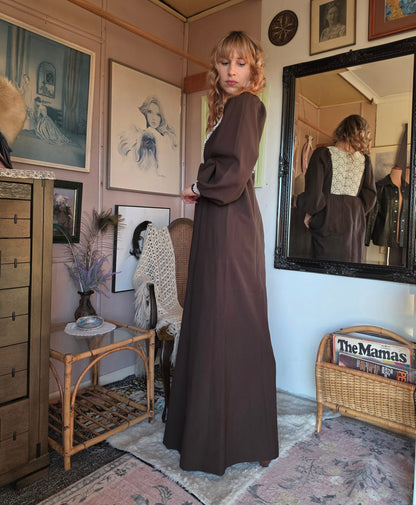 Vintage 1970s Chocolate Prairie Maxi Dress with Crochet Lace Applique - size 8-10